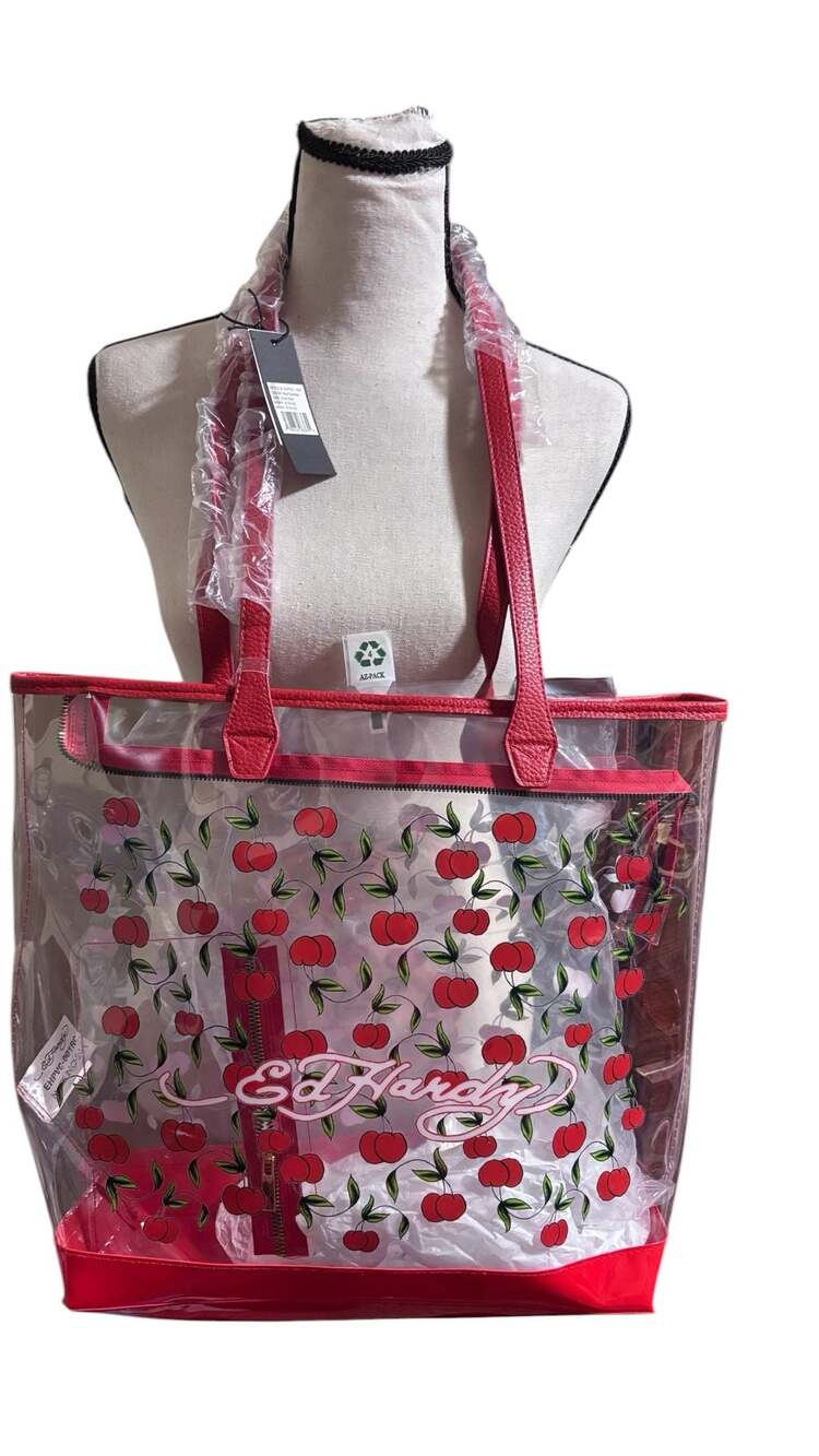 Ed Hardy Red Cherries Clear PVC Tote Bag One Size NWT - Picture 2 of 6